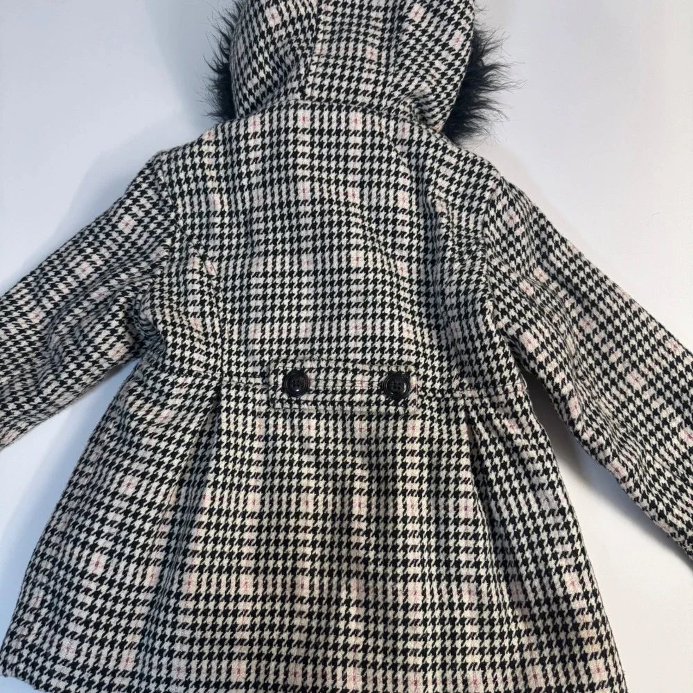 London Fog Girls Houndstooth Pea Coat Faux Fur Hood Pink Lining Size M 5-6